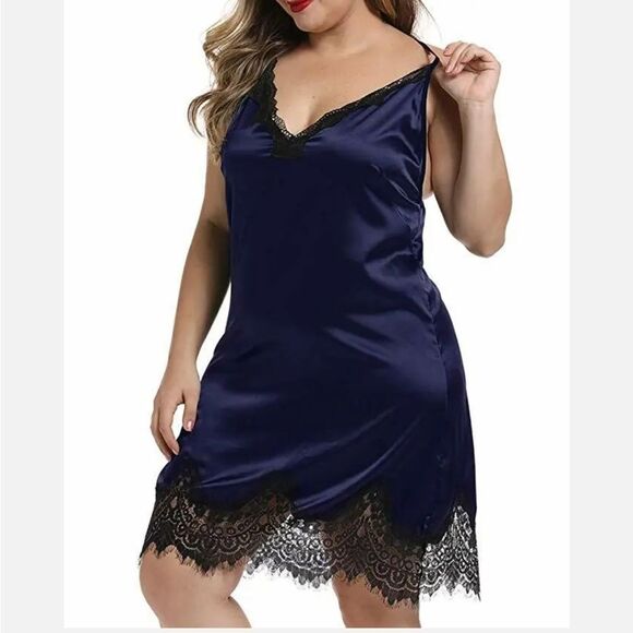 Women Plus Size Satin Chemise Babydoll Lace Trim Lingerie Full Slips Nightgown - Picture 4 of 5